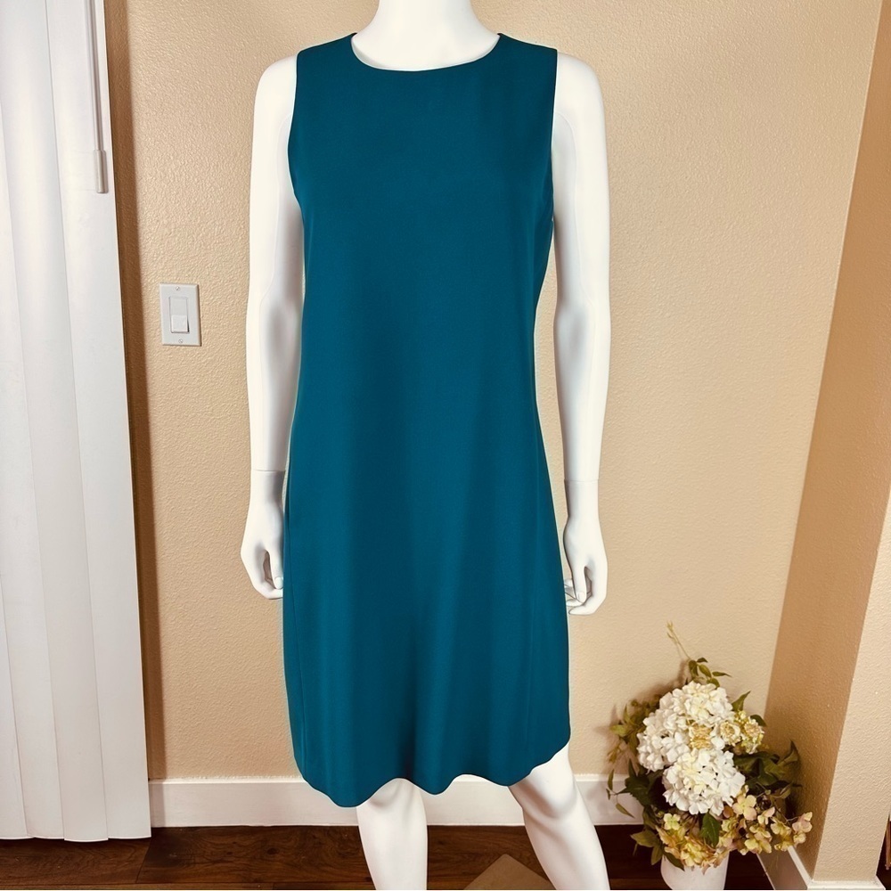 Vince Dress 8 Teal Classic Crepe Shift  Pockets Sleeveless Lined - Picture 3 of 13